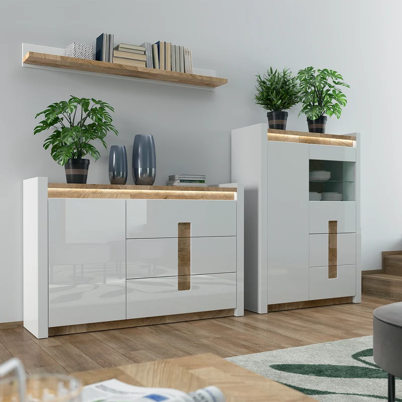 Vaisselier 2 portes 2 tiroirs avec LED Helios Blanc laqué et Bois