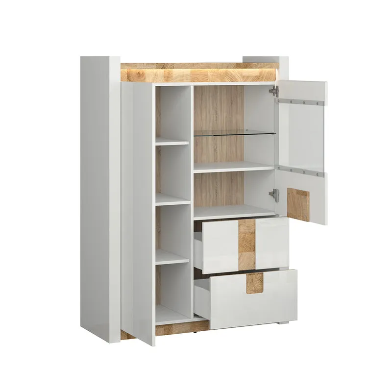 Vaisselier 2 portes 2 tiroirs avec LED Helios Blanc laqué et Bois