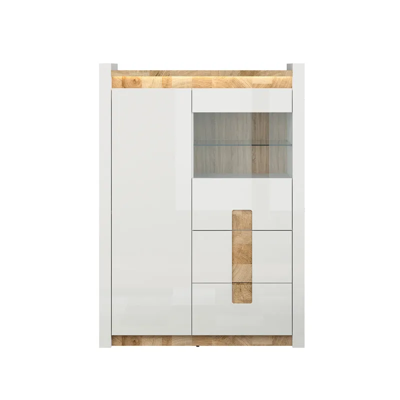 Vaisselier 2 portes 2 tiroirs avec LED Helios Blanc laqué et Bois