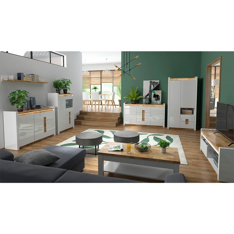 Vaisselier 2 portes 2 tiroirs avec LED Helios Blanc laqué et Bois