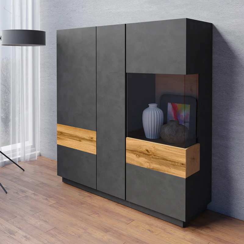 Vaisselier 3 portes Andrea Gris anthracite et Bois