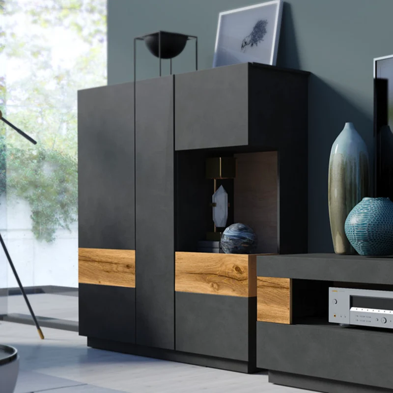 Vaisselier 3 portes Andrea Gris anthracite et Bois
