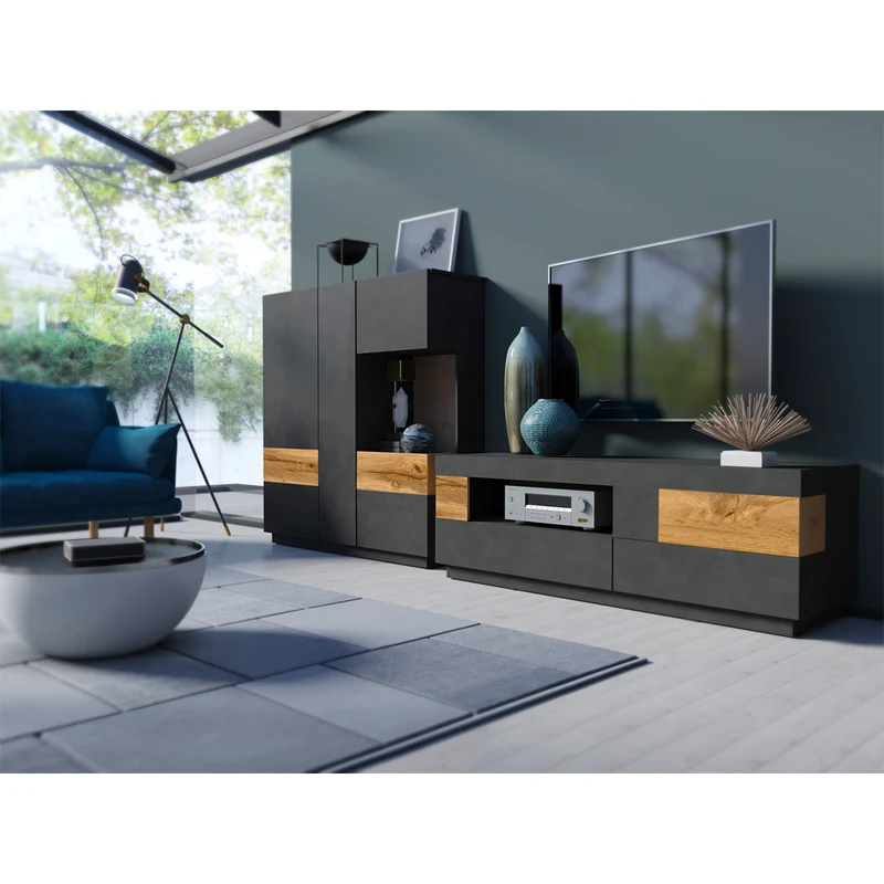 Vaisselier 3 portes Andrea Gris anthracite et Bois
