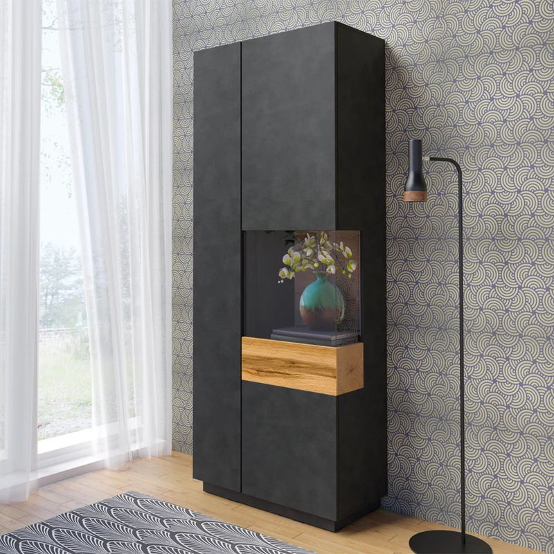 Vitrine 2 portes ouverture droite Andrea Gris anthracite et Bois