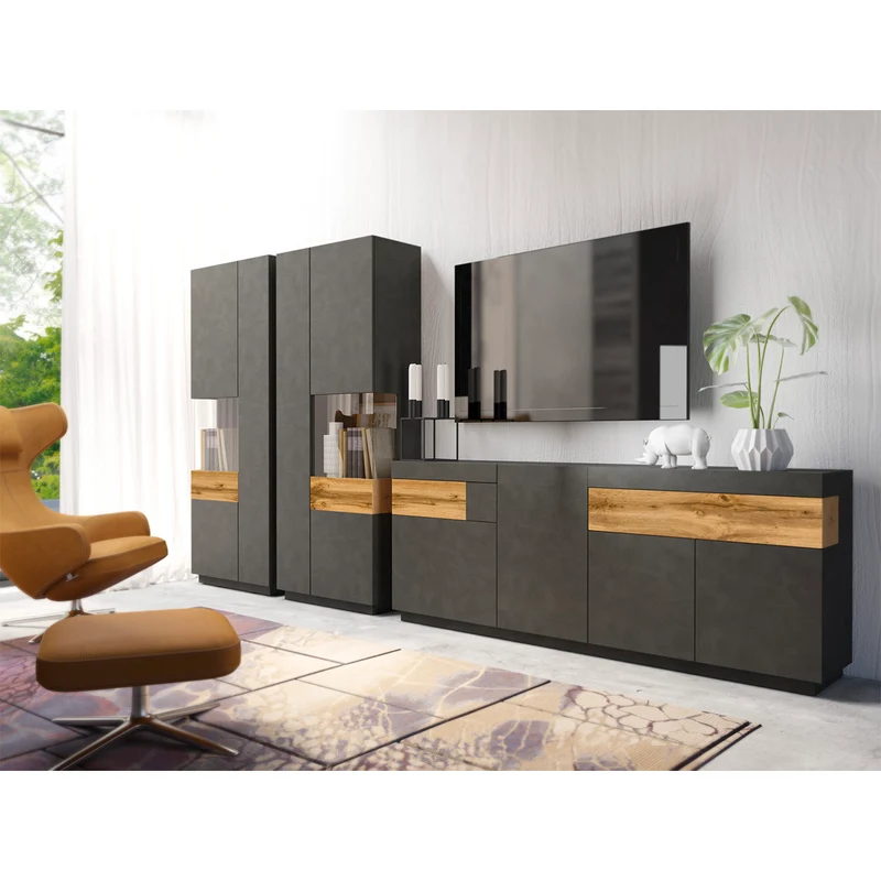 Vitrine 2 portes ouverture droite Andrea Gris anthracite et Bois
