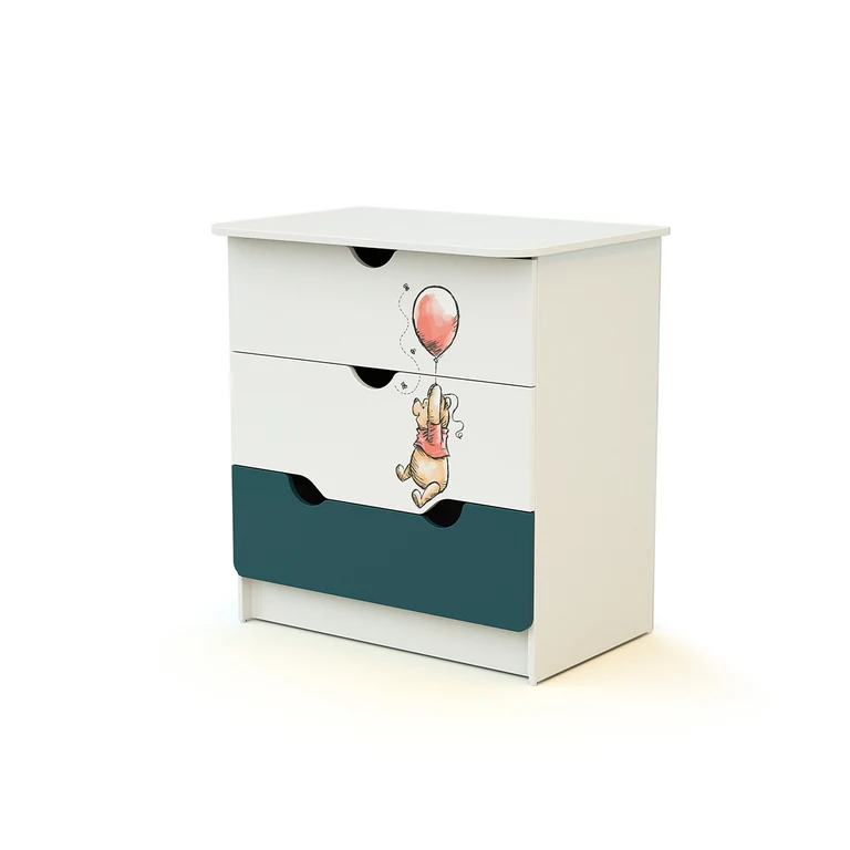 Commode 3 tiroirs avec plan à langer AT4 Disney Exploring Winnie Bleu Canard et Blanc