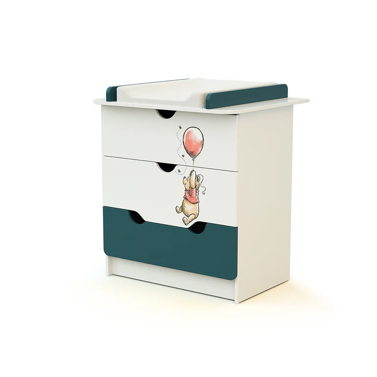 Commode 3 tiroirs avec plan à langer AT4 Disney Exploring Winnie Bleu Canard et Blanc