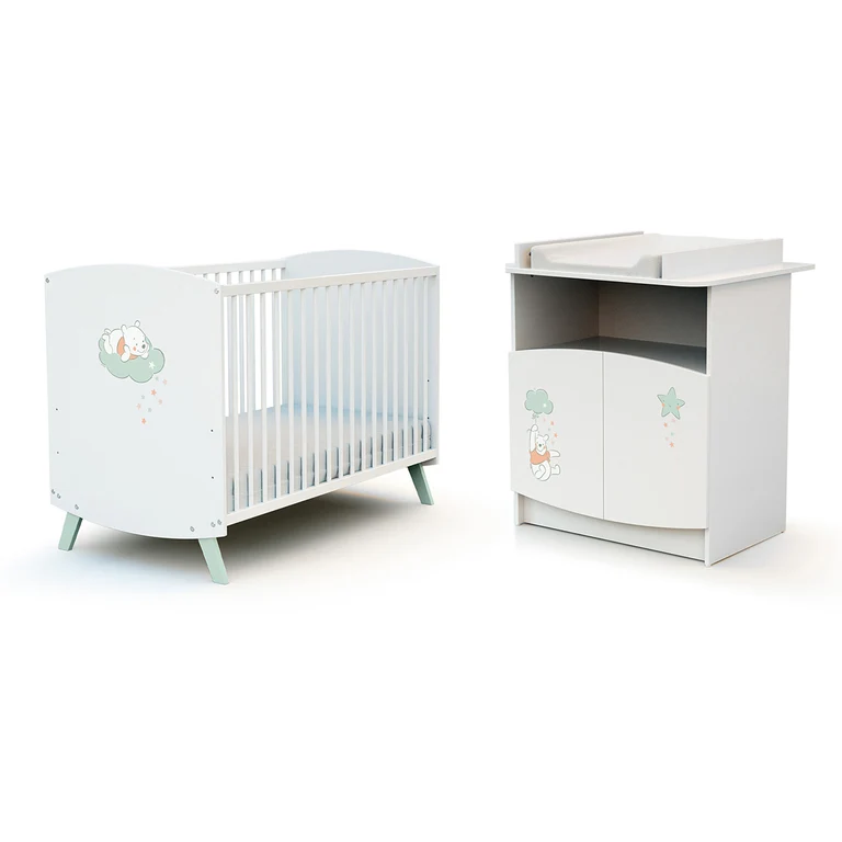Lit bébé 60x120 et commode avec plan à langer AT4 Disney Up in the Sky Winnie Blanc