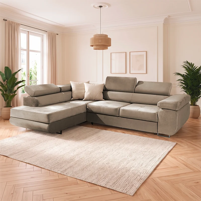 Canapé d'angle convertible gauche 4 places Wilson velours Beige