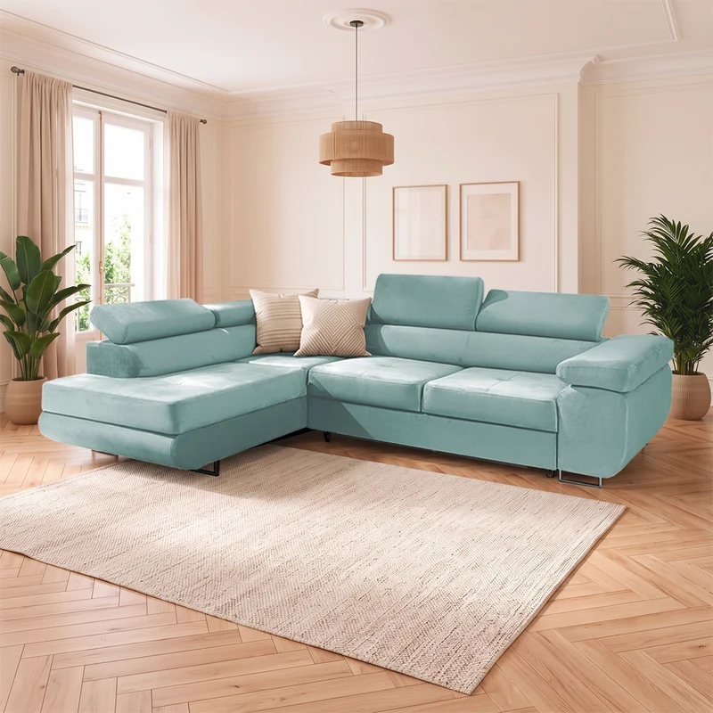 Canapé d'angle convertible gauche 4 places Wilson velours Vert clair
