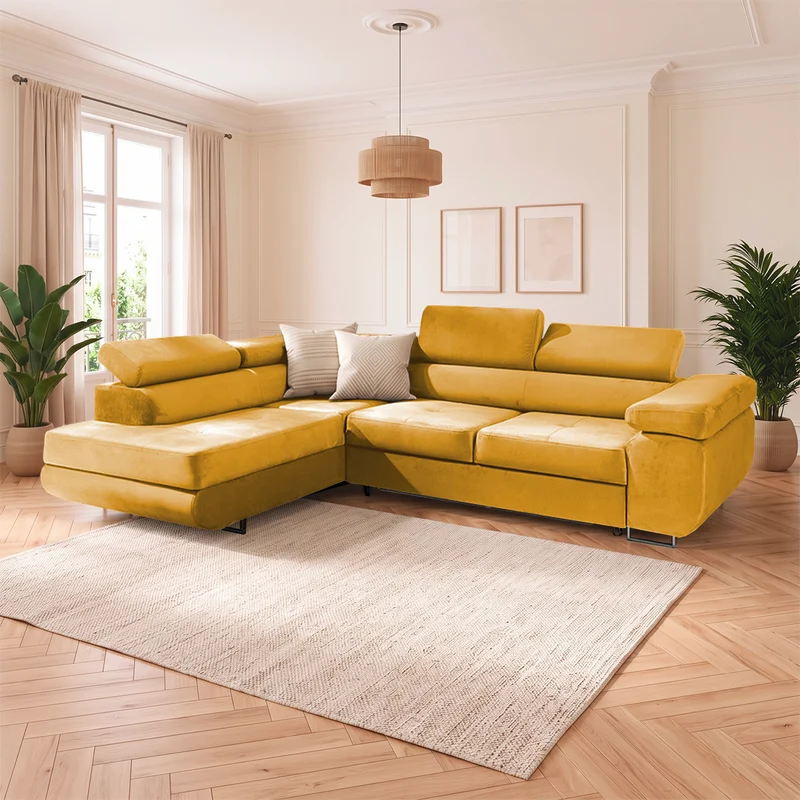 Canapé d'angle convertible gauche 4 places Wilson velours Jaune
