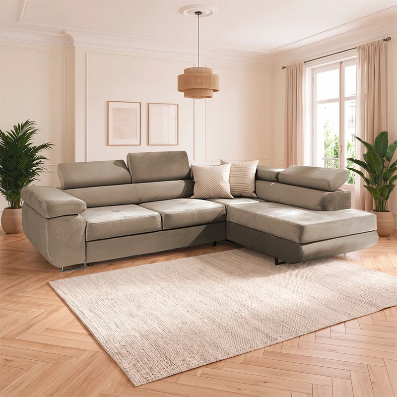 Canapé d'angle convertible droit 4 places Wilson velours Beige