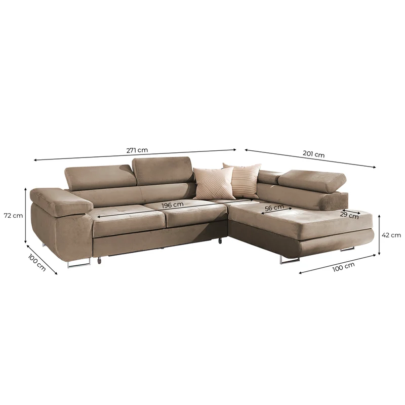 Canapé d'angle convertible droit 4 places Wilson velours Beige
