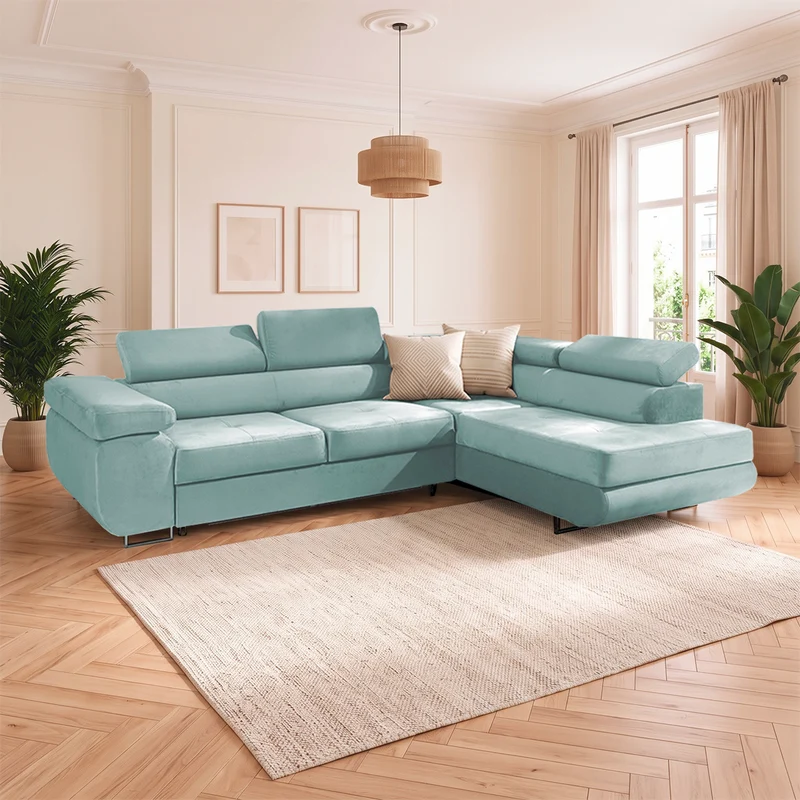 Canapé d'angle convertible droit 4 places Wilson velours Vert clair