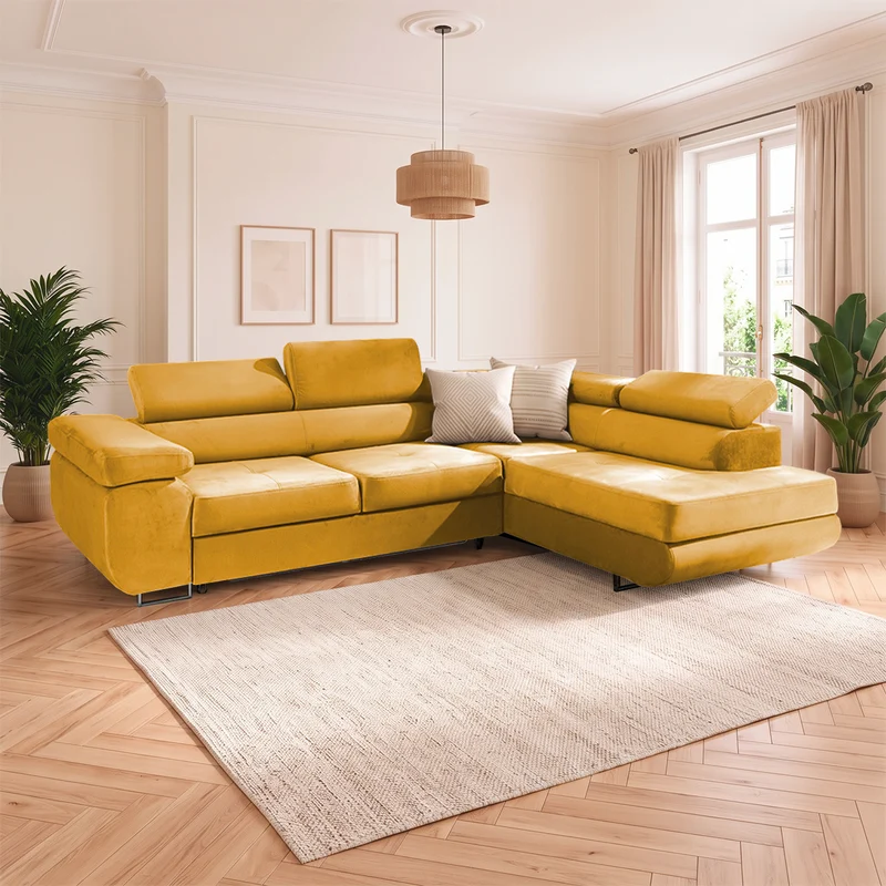 Canapé d'angle convertible droit 4 places Wilson velours Jaune