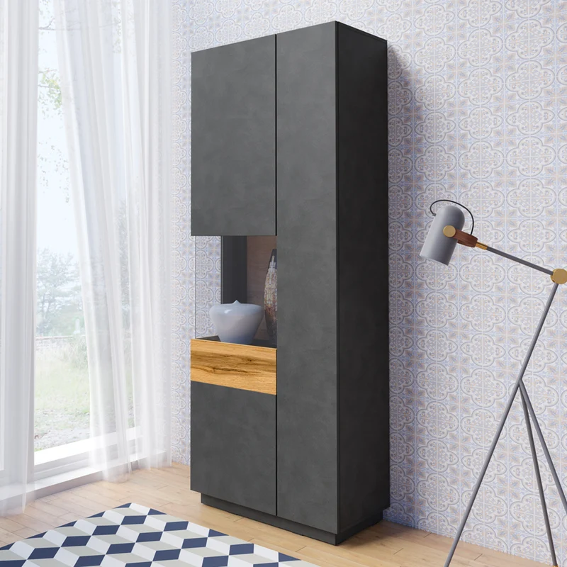Vitrine 2 portes ouverture gauche Andrea Gris anthracite et Bois