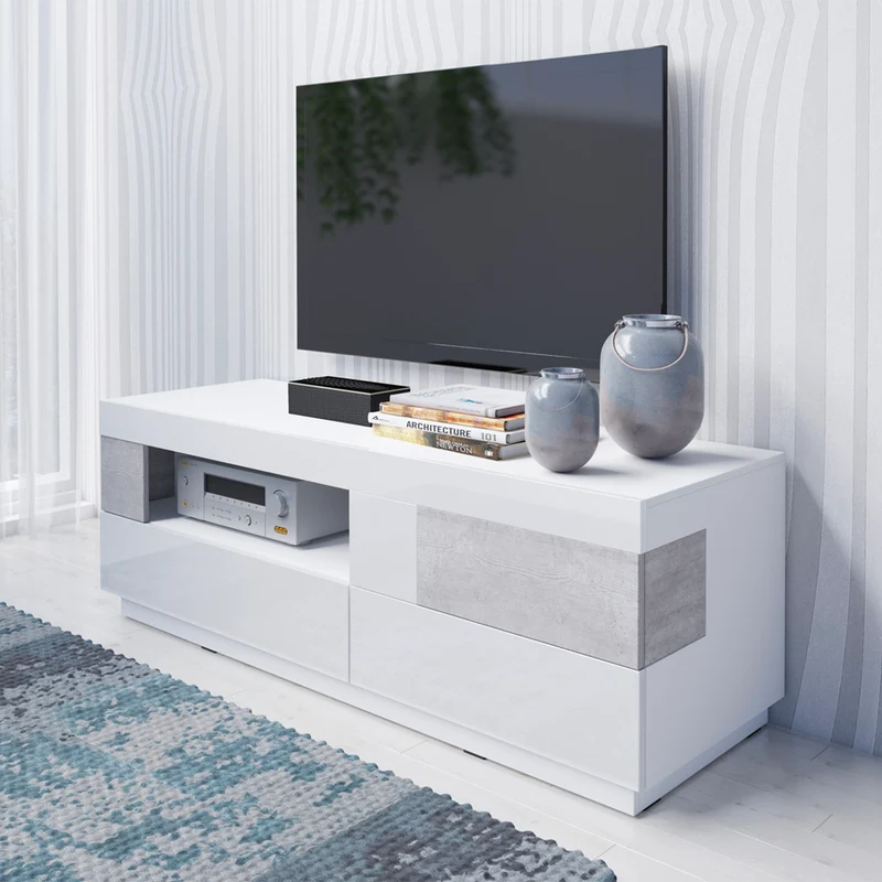 Meuble TV 1 porte 2 tiroirs 160 cm Andrea Blanc et Béton