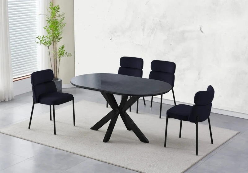 Table ovale pierre noir et 4 chaises noir – Nora