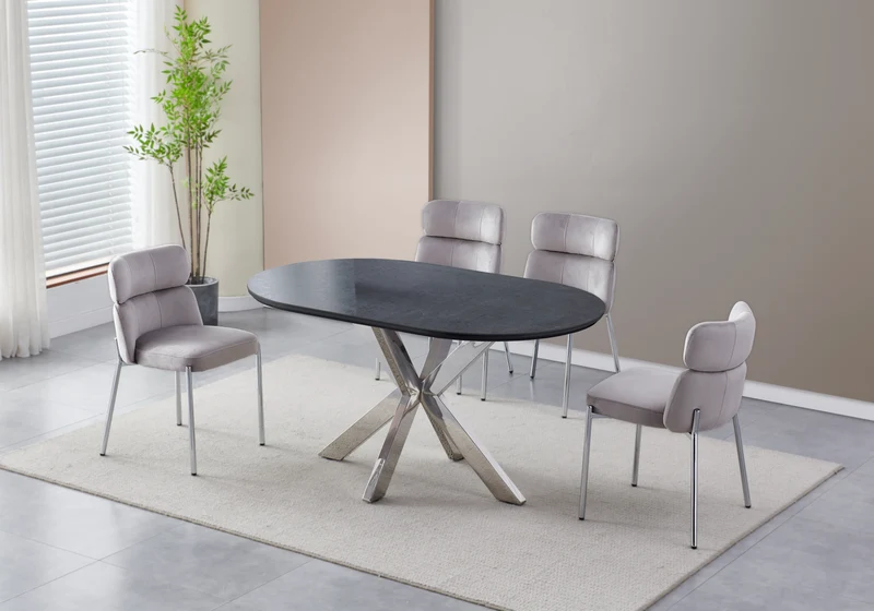 Table ovale pierre noir et 4 chaises argent – Nora