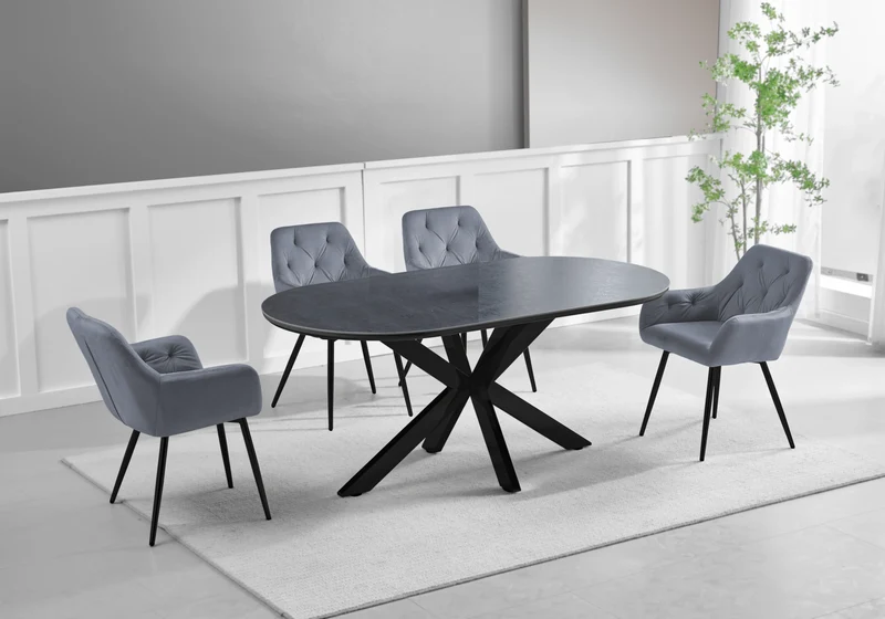 Ensemble table pierre noir et 4 fauteuils – Otho