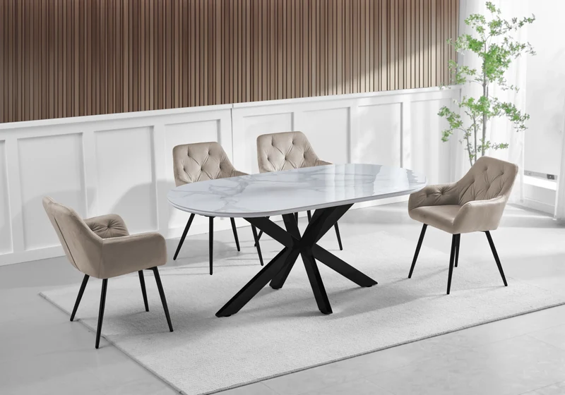 Ensemble table marbre blanc et 4 fauteuils – Otho