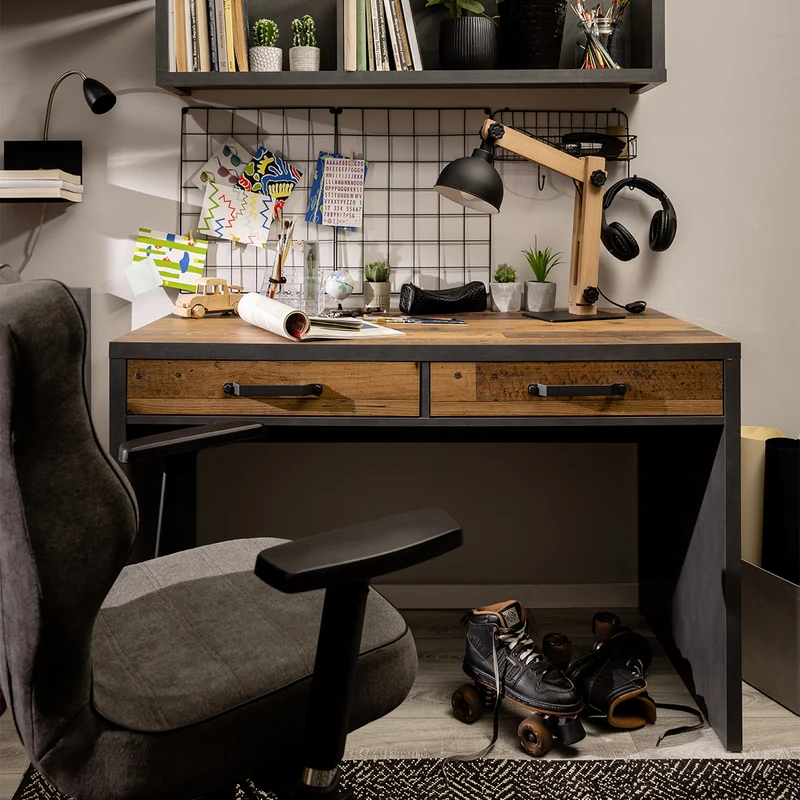 Bureau 2 tiroirs Paul Bois et Gris anthracite