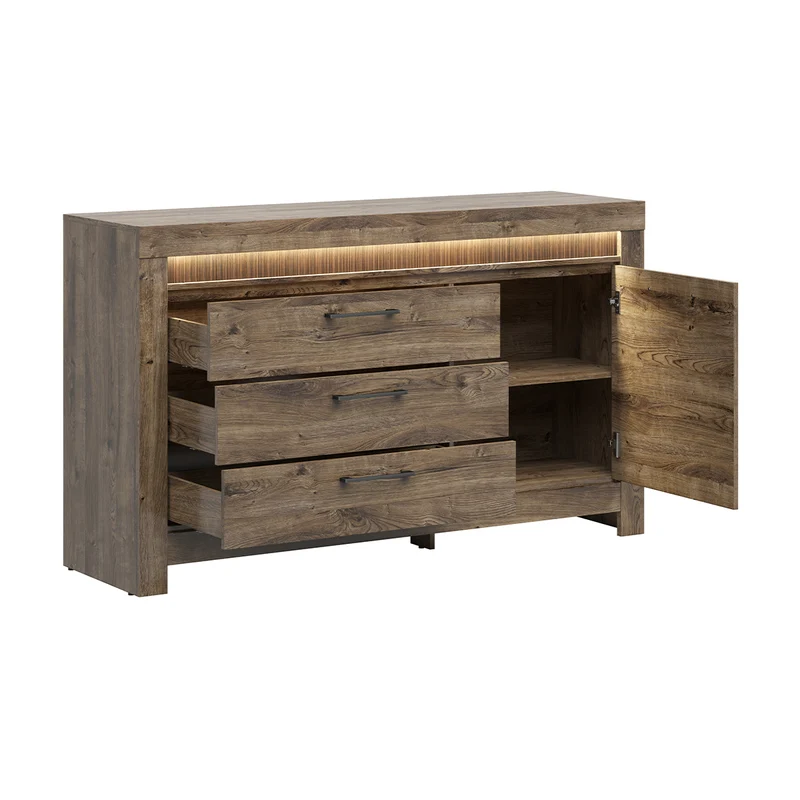 Buffet 1 porte 3 tiroirs LED inclus Amaury Bois