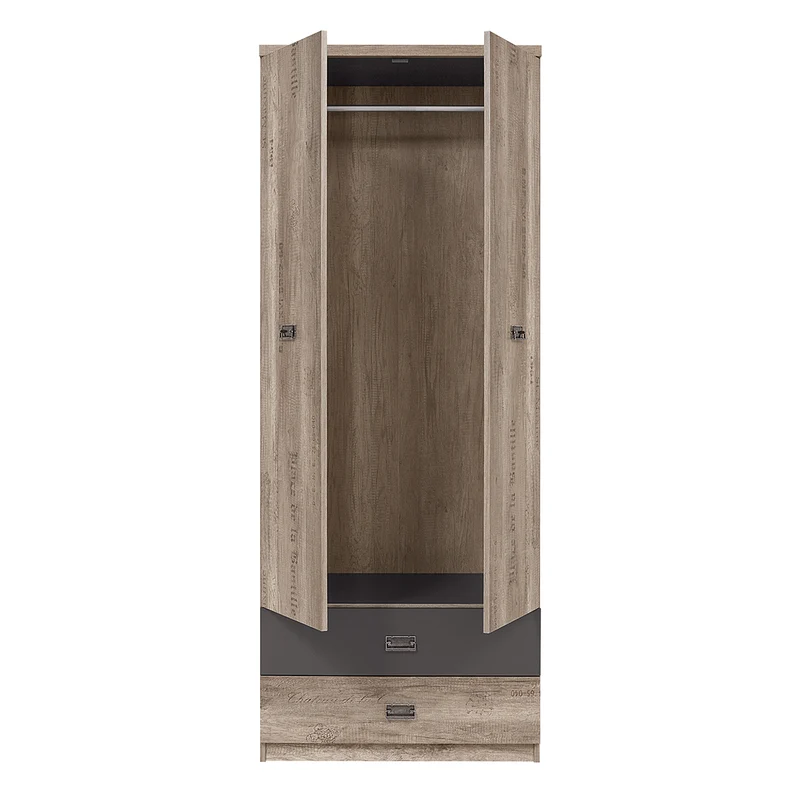 Armoire 2 portes 2 tiroirs Abel Bois et Gris
