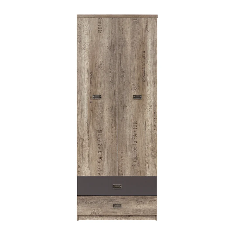 Armoire 2 portes 2 tiroirs Abel Bois et Gris