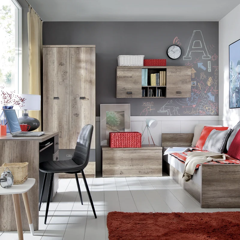 Armoire 2 portes 2 tiroirs Abel Bois et Gris