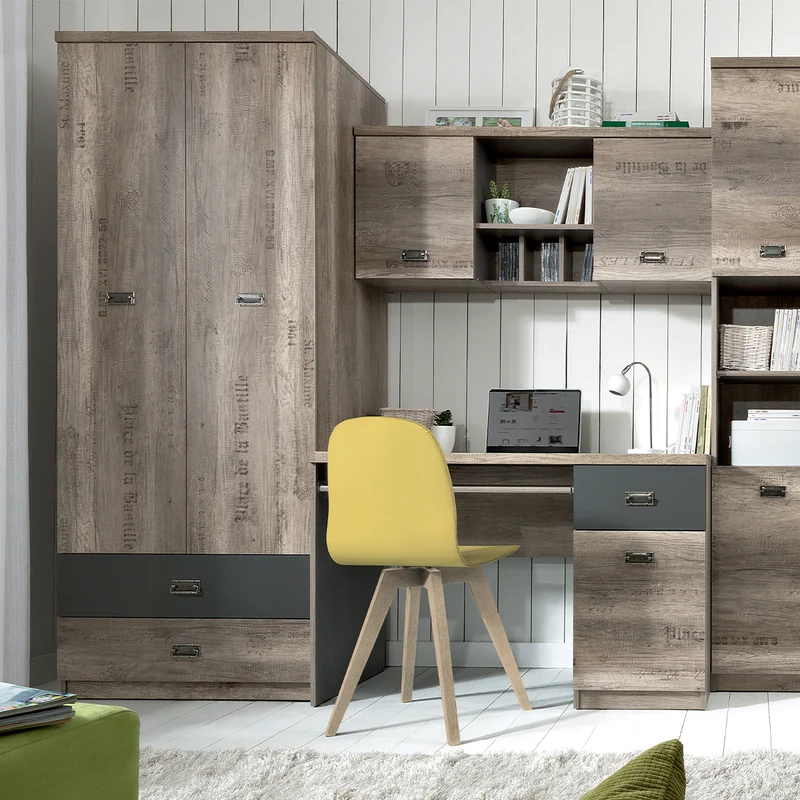 Armoire 2 portes 2 tiroirs Abel Bois et Gris