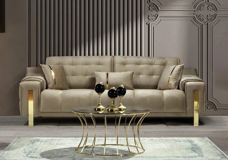 Canapé Turc Capitonné Velours Beige Design Doré - SINEM