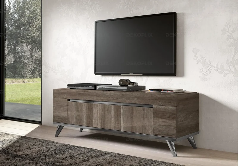 Meuble TV 3 ou 4 portes chêne laqué design - Medea