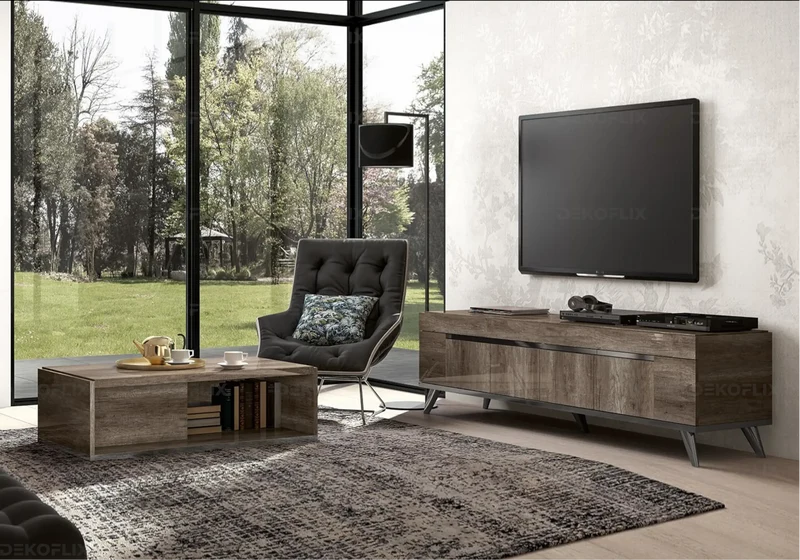 Meuble TV 3 ou 4 portes chêne laqué design - Medea