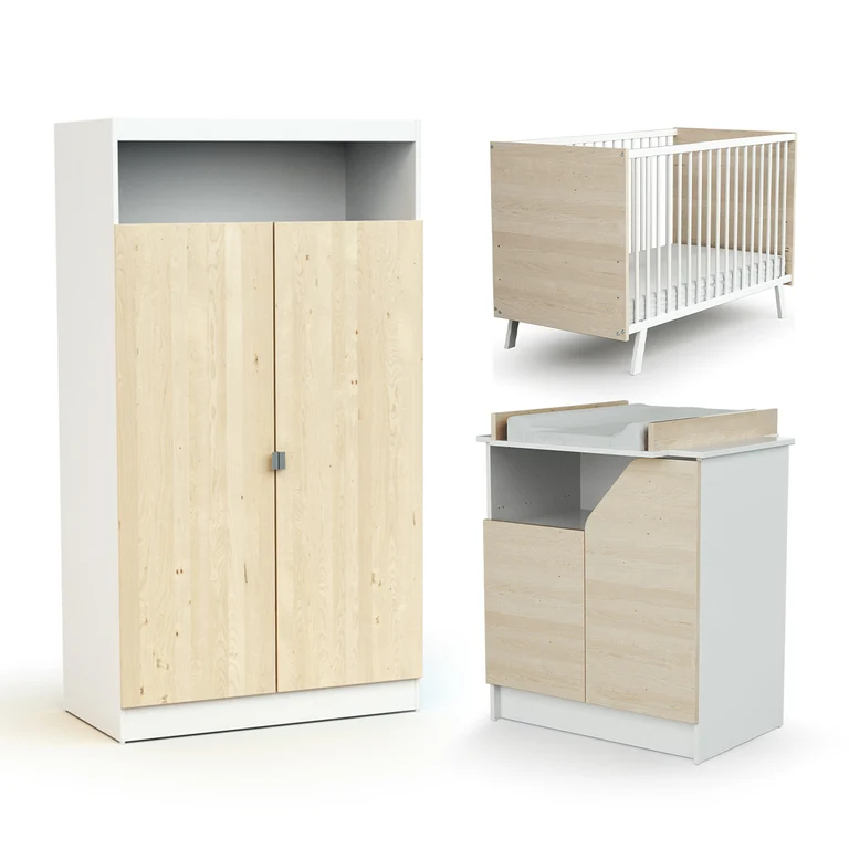 Chambre complète lit bébé 60x120 commode à langer et armoire AT4 Carnaval Blanc et bois
