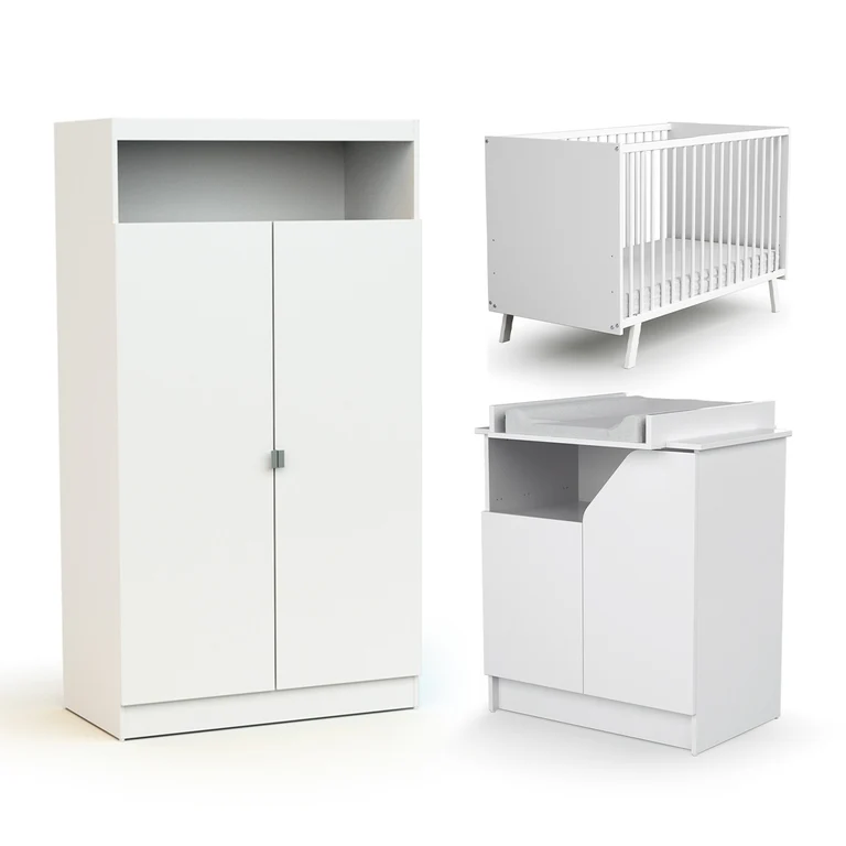 Chambre complète lit bébé 60x120 commode à langer et armoire AT4 Carnaval Blanc