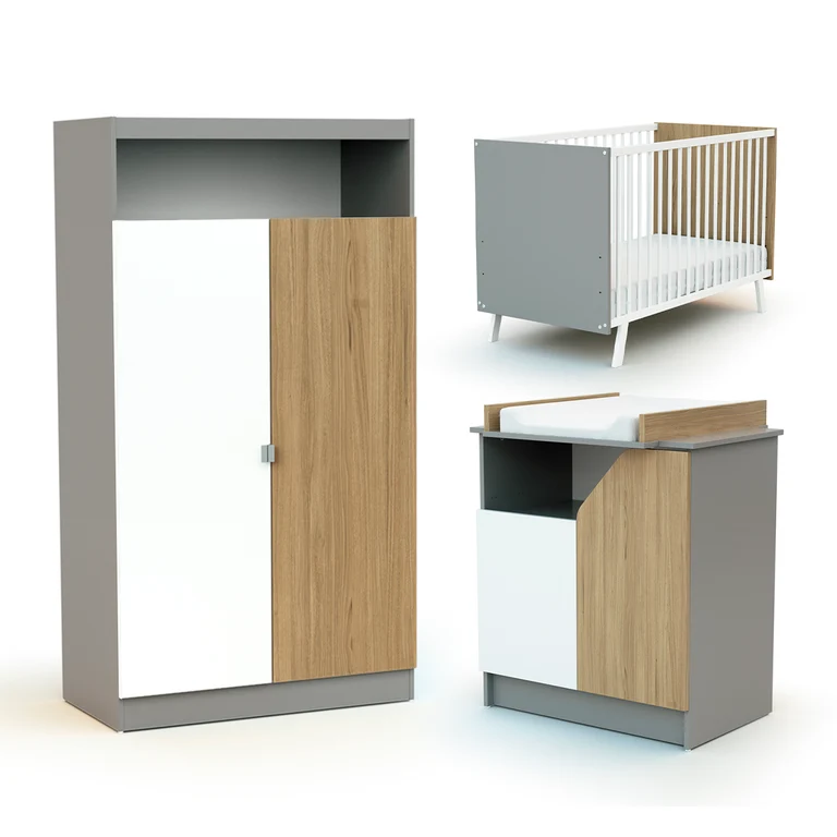Chambre complète lit bébé 60x120 commode à langer et armoire AT4 Carnaval Gris blanc et bois