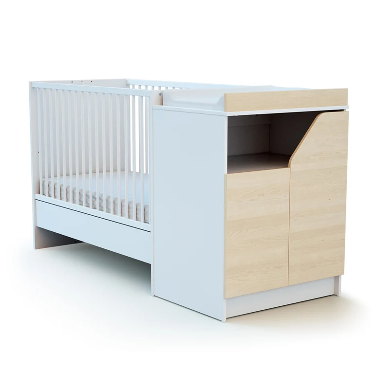 Lit évolutif 60x120 en 90x190 et commode avec plan à langer AT4 Carnaval Blanc et bois