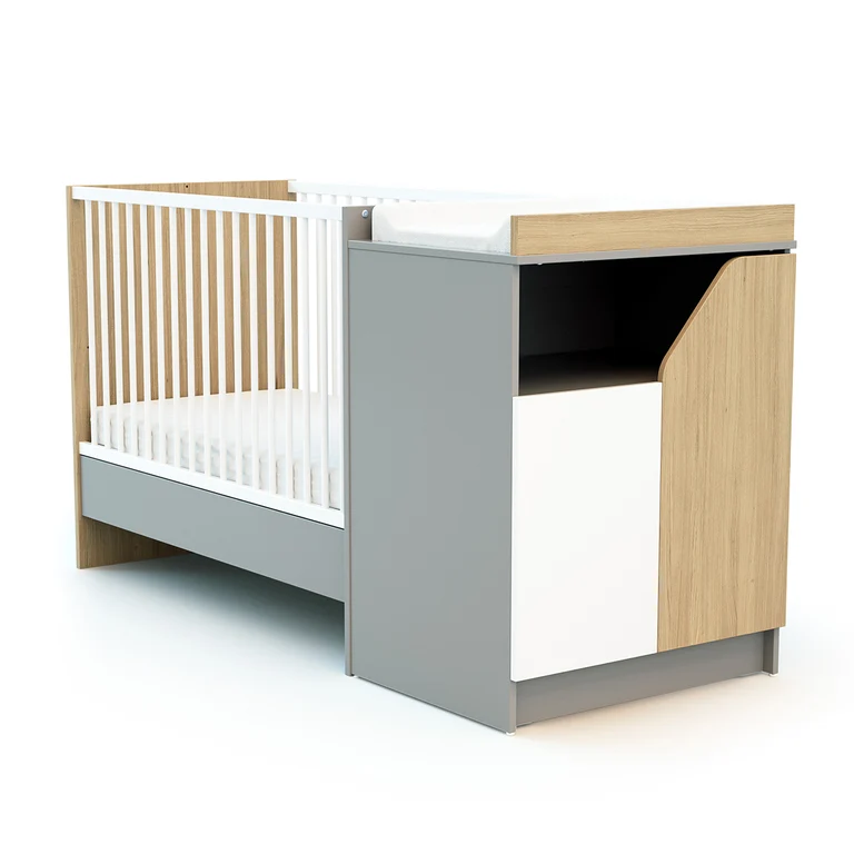 Lit évolutif 60x120 en 90x190 et commode à langer AT4 Carnaval Gris blanc et bois
