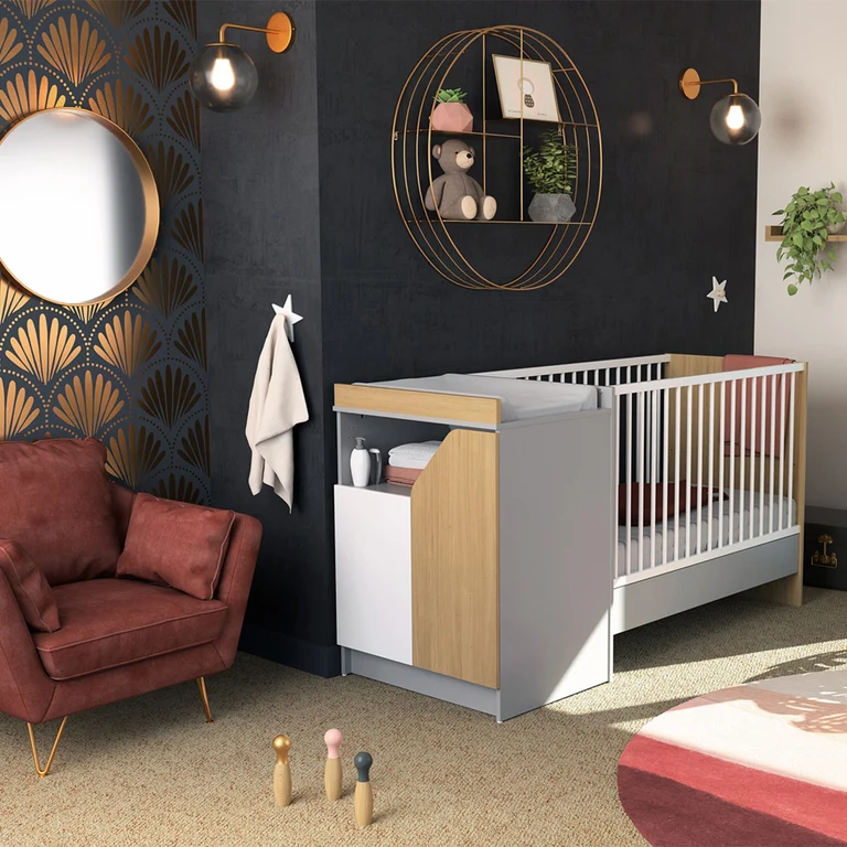 Lit évolutif 60x120 en 90x190 et commode à langer AT4 Carnaval Gris blanc et bois