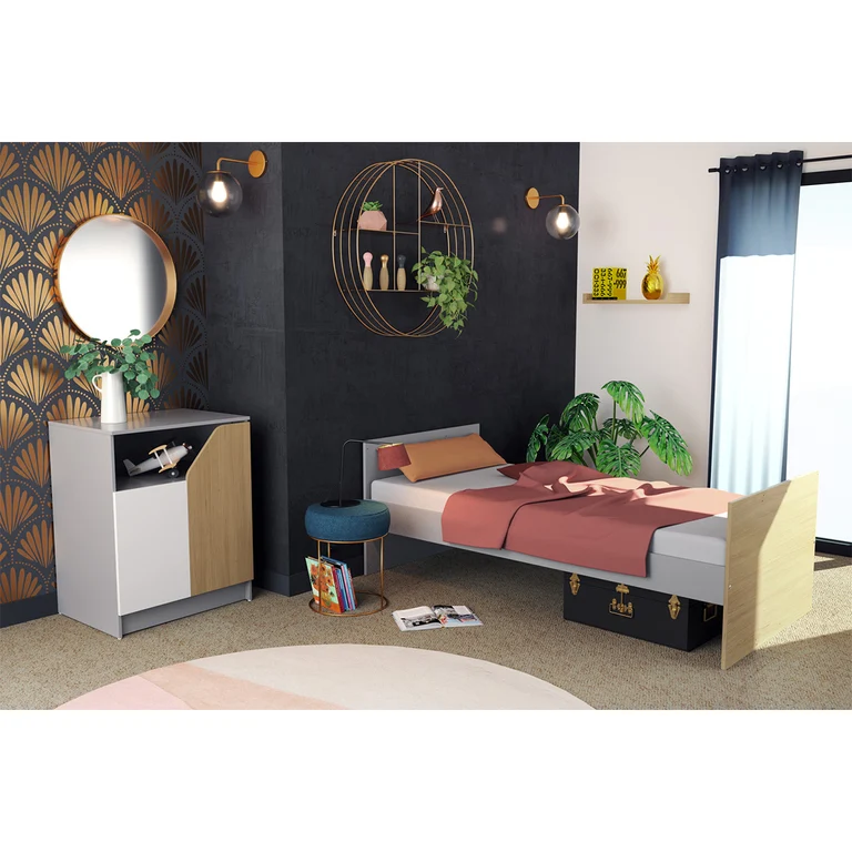 Lit évolutif 60x120 en 90x190 et commode à langer AT4 Carnaval Gris blanc et bois