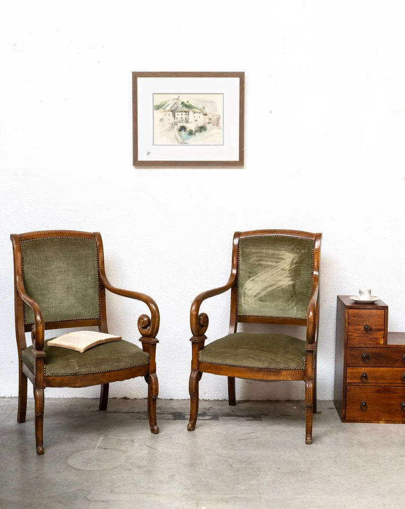 Ernest, la paire de fauteuils style Empire en velours vert N°1541