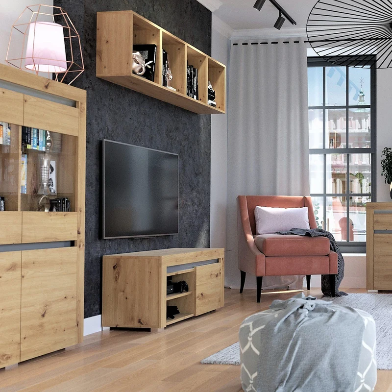 Meuble TV 1 porte 106 cm LED inclus Kasla Bois et Anthracite