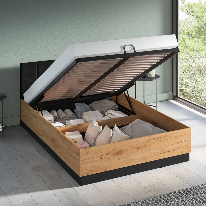 Lit coffre 140x200 sommier inclus Solal Bois et Noir