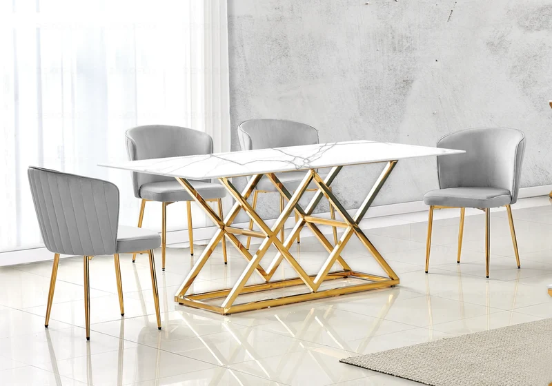 Salle à manger complète marbre blanc doré – Erly