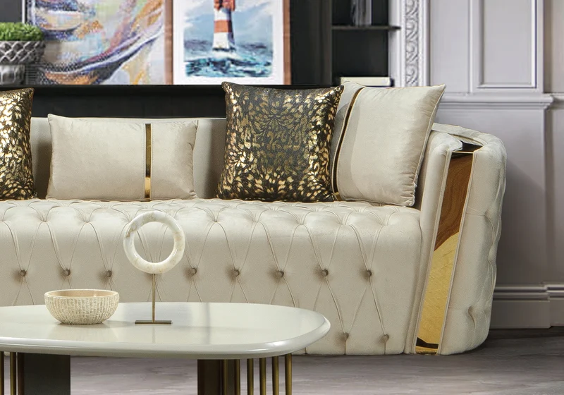 Canapé Turc Capitonné Chester Velours Beige Doré - NAPOLI
