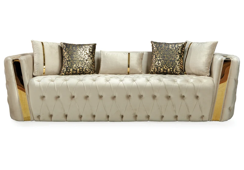 Canapé Turc Capitonné Chester Velours Beige Doré - NAPOLI