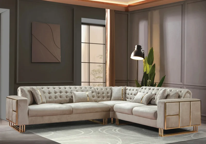 Canapé Turc Capitonné Velours Beige Design Métal Doré – RIBELLA