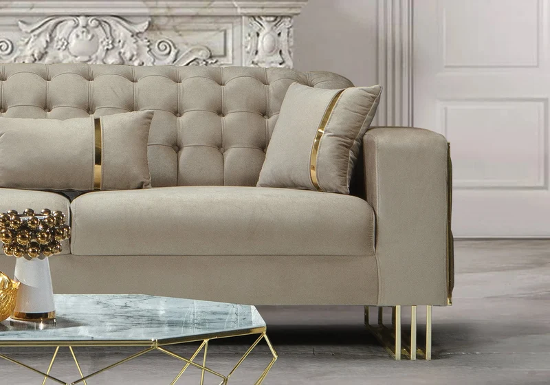Canapé Turc Capitonné Velours Beige Design Métal Doré – RIBELLA