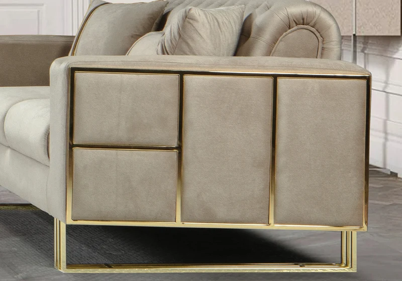 Canapé Turc Capitonné Velours Beige Design Métal Doré – RIBELLA